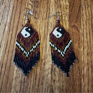 Yin and Yang Vintage Handmade Beaded Earrings in Black, Brown and White